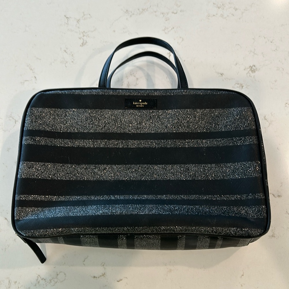 Kate Spade New York Black Silver Striped Cosmetic Travel Bag Pouch Zip Around